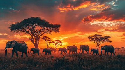 Fototapeta premium A herd of elephants walking through the savanna at sunset
