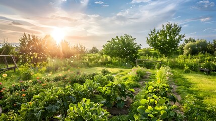 Naklejka premium Thriving Organic Permaculture Farm with Renewable Energy Powering a Self Sustaining Ecosystem