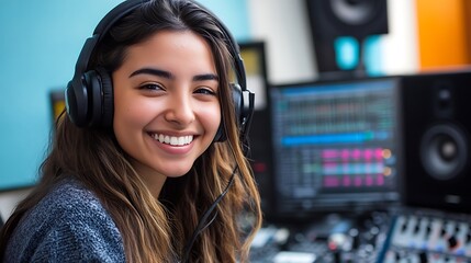 A young woman with long brown hair smiles brightly while wearing headphones in a recording studio. She is sitting in front of a computer monitor and a sound mixer.