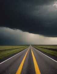 Empty Road Leading Towards Dark Stormy Sky Over Fields