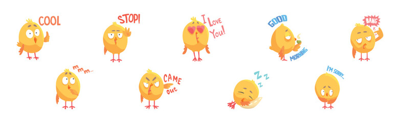 Baby Chick Say Word with Emotion and Inscription Vector Set
