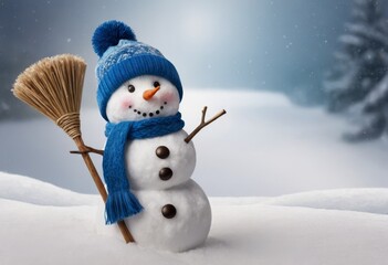 Cheerful Snowman with Blue Hat and Scarf Holding Broom in Winter Landscape