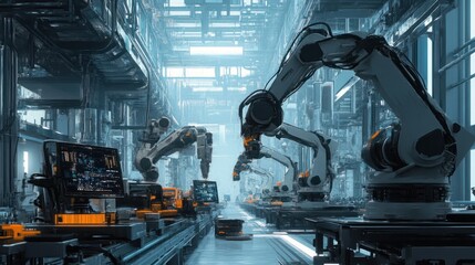 A futuristic factory facility with robotic arms and automated conveyor belts assembling electronic products.