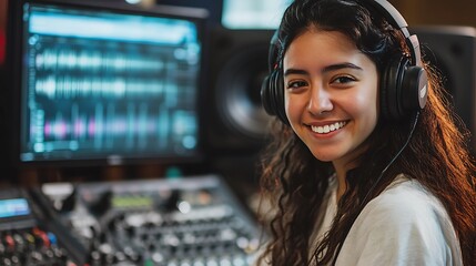 A young woman with long brown hair and headphones on smiles at the camera. She is in a recording studio with a soundboard in front of her.