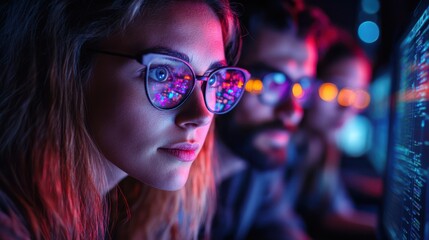 Close-up of female developer analyzing code reflected in glasses with neon lights. Teamwork in coding, software development, and programming in a high-tech workspace.