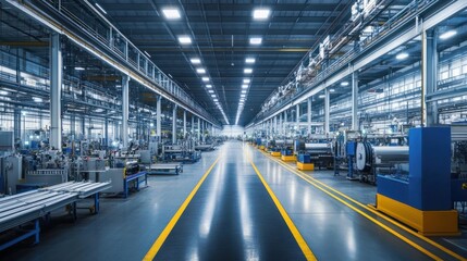 Fototapeta premium A large modern factory facility with rows of machinery and automated production lines in full operation.