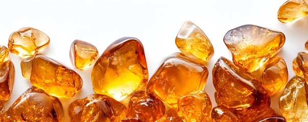 A collection of radiant amber gemstones glistening under light, showcasing their unique shapes and warm hues on a clean, white background.