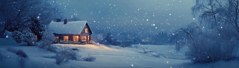 Fototapeta premium A cozy cottage illuminated by warm light, surrounded by falling snow in a serene winter landscape under a starry night sky.