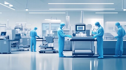 A modern pharmaceutical production facility, with advanced machines and workers in protective gear ensuring quality.