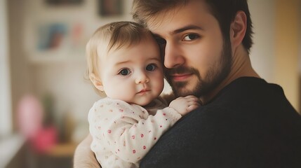 A young father holds his baby daughter close, both looking at the camera. The baby is wearing a white and pink floral dress and the father is wearing a black shirt. The background is out of focus.