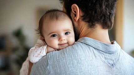 A young baby girl is being held on the shoulder of her father. She is looking directly at the camera with a cute expression.