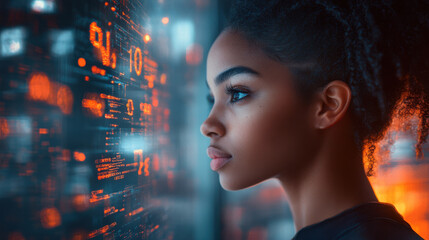 Young woman analyzing holographic data on digital display, highlighted by futuristic blue light. Tech innovation, coding, and data systems in a modern high-tech environment.