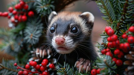 Adorable ferret peeking through festive holiday wreath with red berries and evergreen branches, capturing the essence of holiday cheer.
