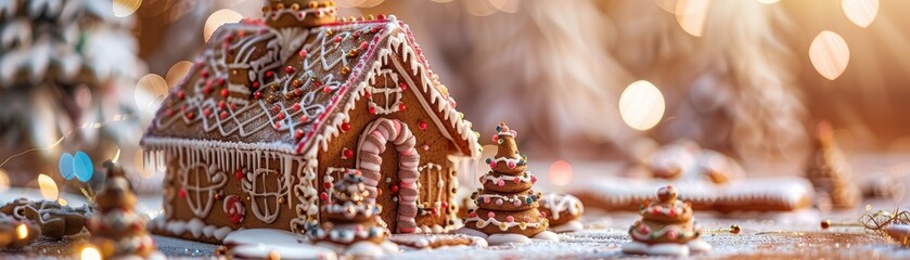 Festive gingerbread house with colorful decorations and icing detail in a snowy, warm holiday setting with blurred lights in the background.
