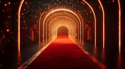A stunning illuminated corridor featuring a red carpet, arches adorned with glowing lights, and a starry ambiance creating a glamorous, inviting atmosphere.