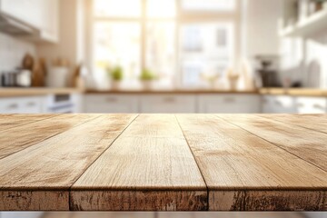 Empty Wooden Tabletop in a Sunny Kitchen