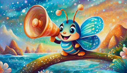 Naklejka premium oil painting style cartoon character illustration baby bee talking with megaphone, proclaiming news