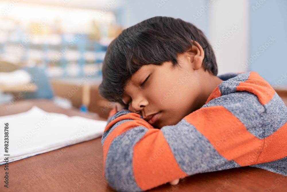 Poster burnout, school and sleeping with boy student in classroom at desk for child development or learning