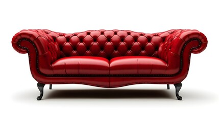 A luxurious red leather couch with tufted upholstery and elegant curved arms, ideal for enhancing any living space or office decor.