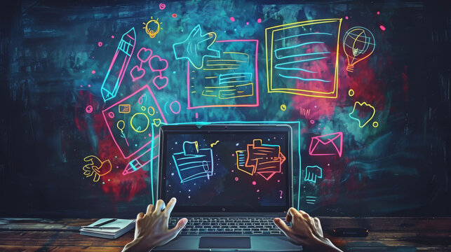 Illustration of tutoring and coding help with vibrant graphics and laptop