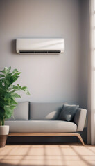 Modern air conditioner on the wall in the living room with a sofa and potted plants near the window