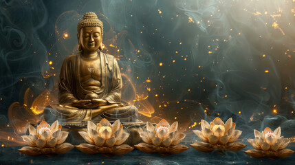 Majestic golden Buddha statue surrounded by glowing lotus flowers