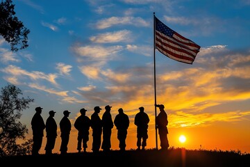 Silhouettes of soldiers and US flag at sunset.
