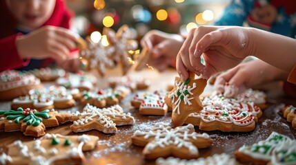 Children decorating festive gingerbread cookies with icing and sprinkles, capturing the joy of holiday baking traditions.