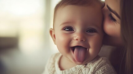 A close up of a baby with a big smile and tongue sticking out, being kissed on the cheek by an unseen person.