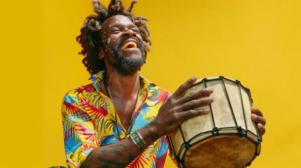 Obraz premium Man playing a djembe drum in colorful attire against a yellow background