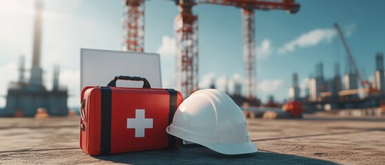 A bustling industrial yard is depicted with the white hard hat and first aid kit on an floor, Safety first concept.