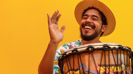 Obraz premium Man playing a djembe drum in colorful attire against a yellow background