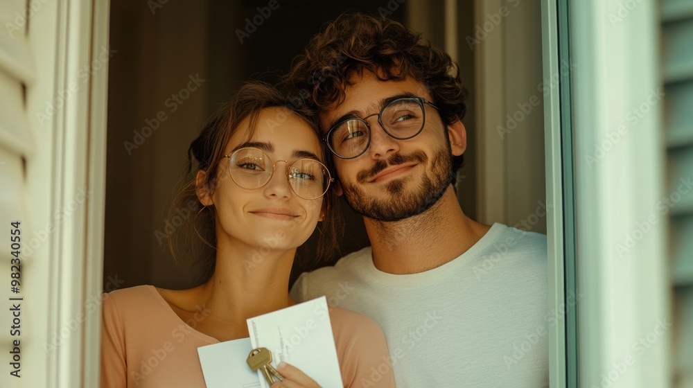 Poster A man and woman holding a key to their new home, AI