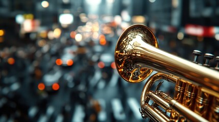 Golden trumpet prominently displayed with an out-of-focus cityscape background, featuring traffic...