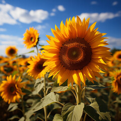 Obraz premium Sunflower Field with Vibrant Blooms Representing Summer Joy Against Blue Sky with Fluffy Clouds
