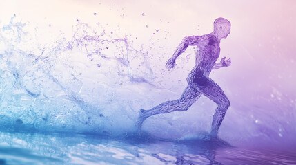 Naklejka premium Water figure running across the ocean surface with splashes at sunset