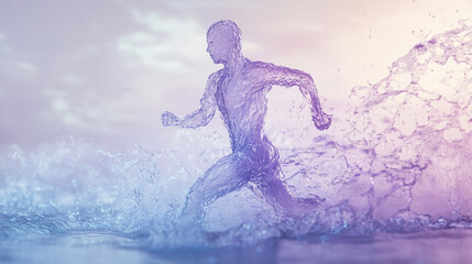 Naklejka premium Water figure running across the ocean surface with splashes at sunset