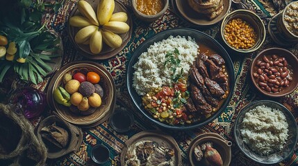 A vibrant spread of various traditional dishes and fruits on a decorative table.