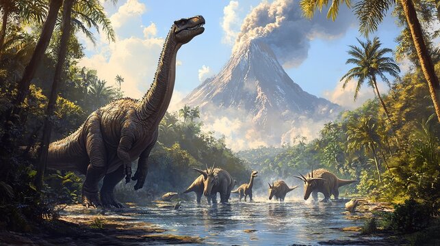 Fototapeta An imaginative illustration of a group of dinosaurs drinking from a river under the shadow of a massive, dormant volcano