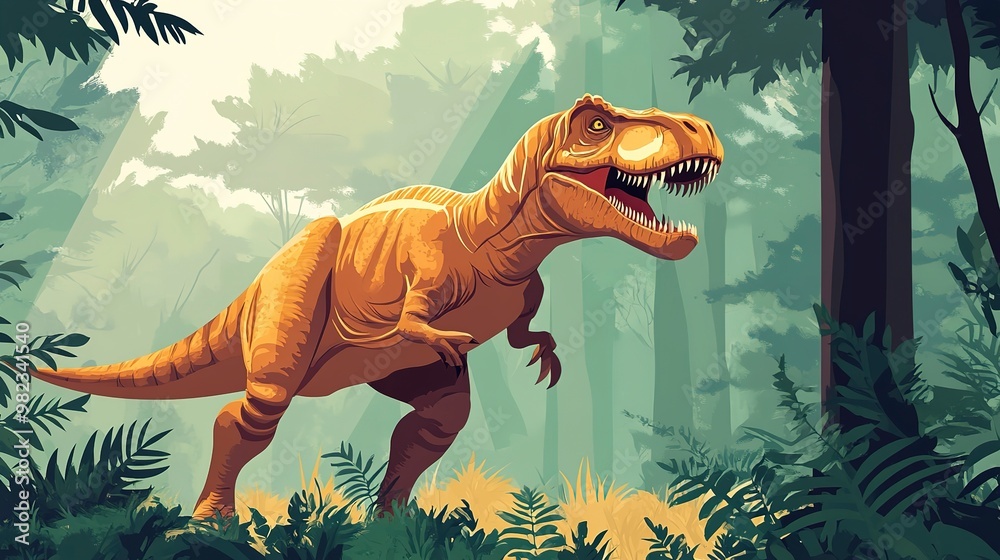 Canvas Prints Tyrannosaurus Rex Dinosaur in Jungle Landscape Illustration