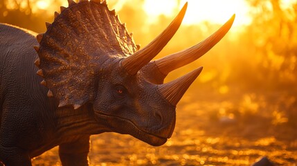 Fototapeta premium A close-up portrait of a Triceratops, showcasing its three distinct horns and large frill, bathed in the golden light of a setting sun --ar 16:9 --v 6.1 Job ID: a1766df7-6394-4c1d-bdd0-76907057638e