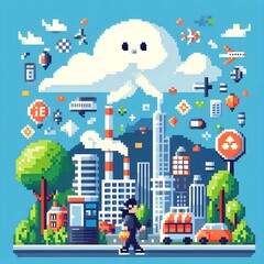 Illustration of City with boy walking in street. Environmental City Background Poster Pixel Art Design