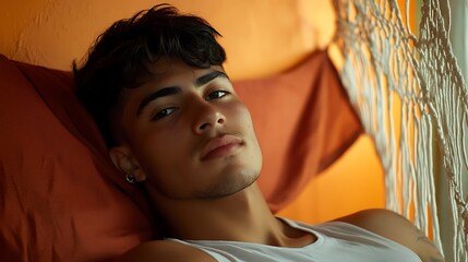 A young man with dark hair and brown eyes looks intently at the camera while reclining in a comfortable setting. He has a hint of stubble on his chin,