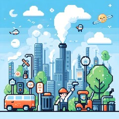 Illustration of City with boy walking in street. Environmental City Background Poster Pixel Art Design