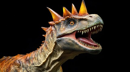 Spiky-Crested Dinosaur with Open Mouth Against a Black Background 