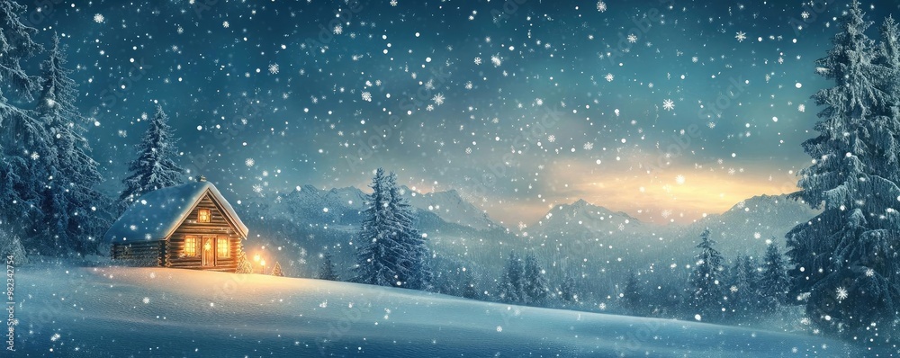 Aufkleber a serene winter scene with a cozy cabin surrounded by snow-covered trees and gently falling snowflak
