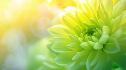 Bright green flower in soft sunlight with blurred bokeh background