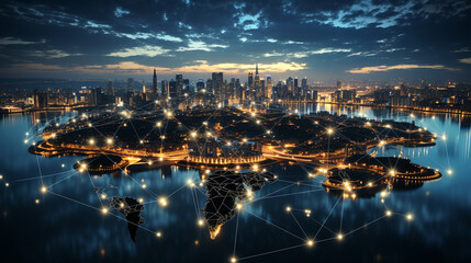 Fototapeta premium An abstract image of a city skyline, with lines connecting various points, symbolizing the interconnectedness of business and economic growth within a global network.