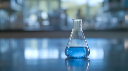 In a laboratory, an open beaker filled with clear blue liquid on a glossy table, with blurred lab equipment in the background.