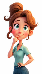 An illustration of a woman deep in thought, with her hand resting on her chin, gazing upward as if contemplating an idea, isolated on a white background